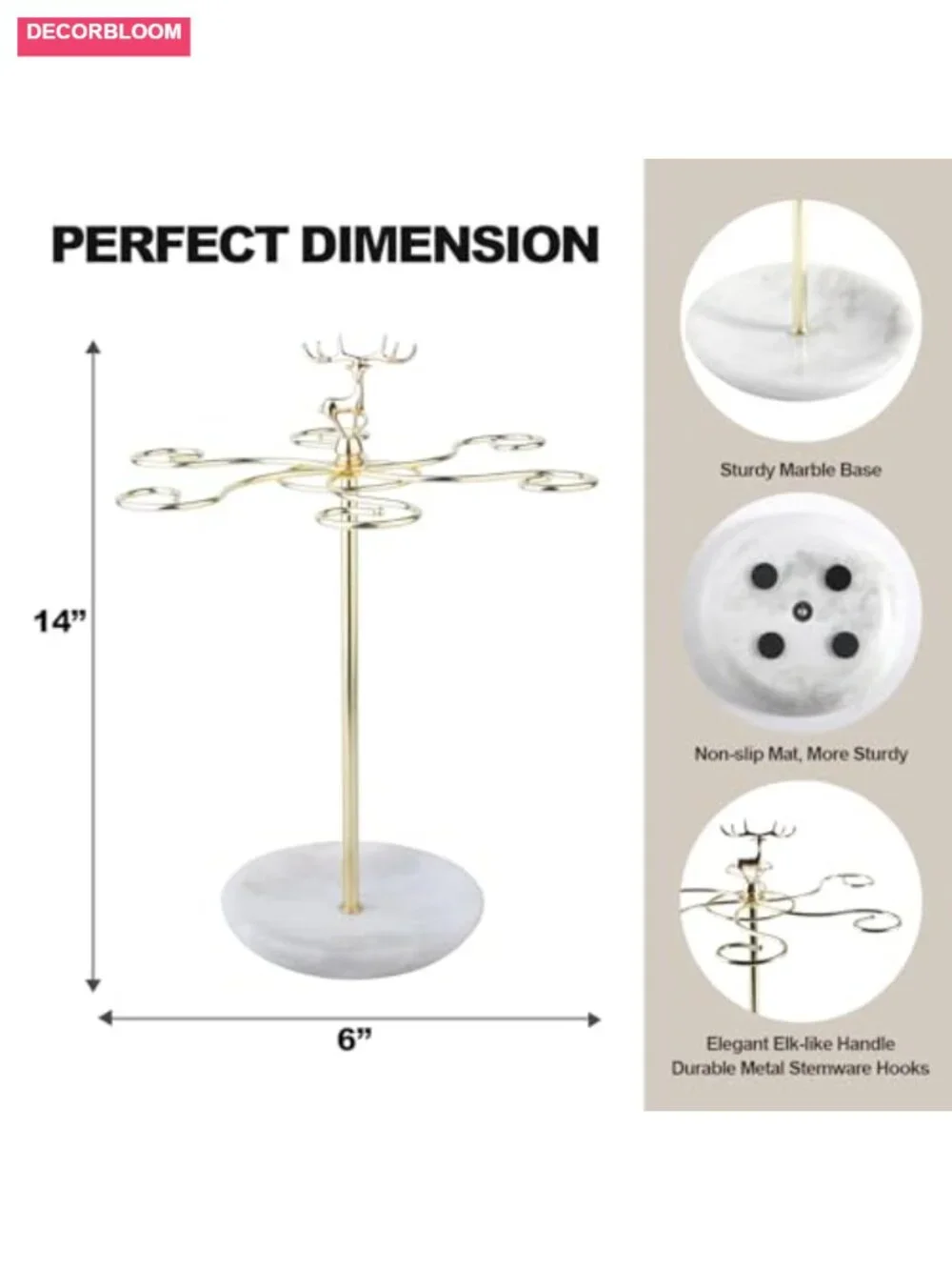 Marble Base Stemware Rack with 6 Hooks for Kitchen Bar Counter